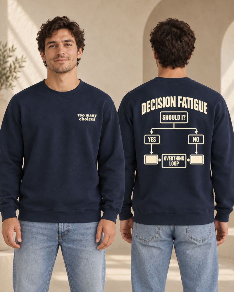 Decision Fatigue front view, back view, crewneck, french navy