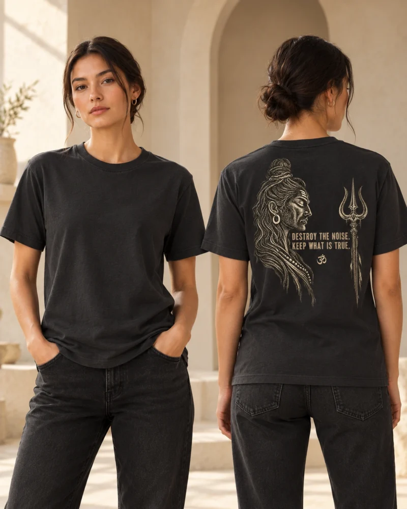 Destroy the Noise Shiva back print on an Anthracite unisex T-shirt, front and back model views
