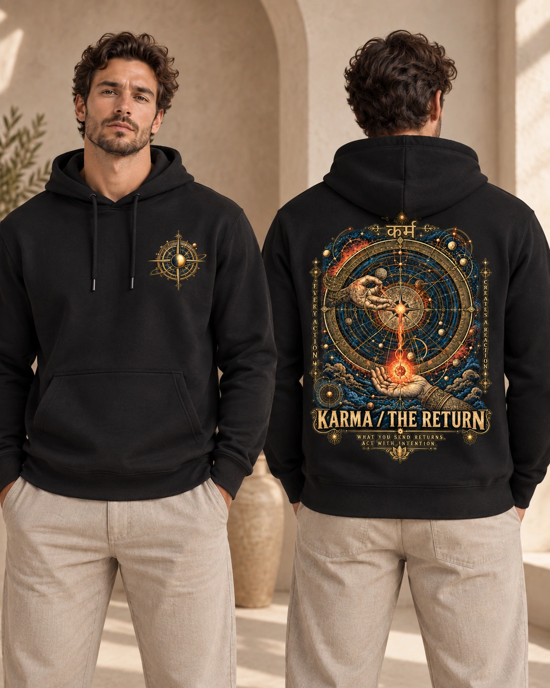 Karma — The Return men's hoodie in Black, front and back view