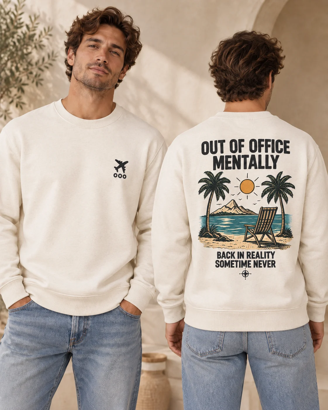 Out of Office Mentally men's crewneck in Natural Raw, front and back view