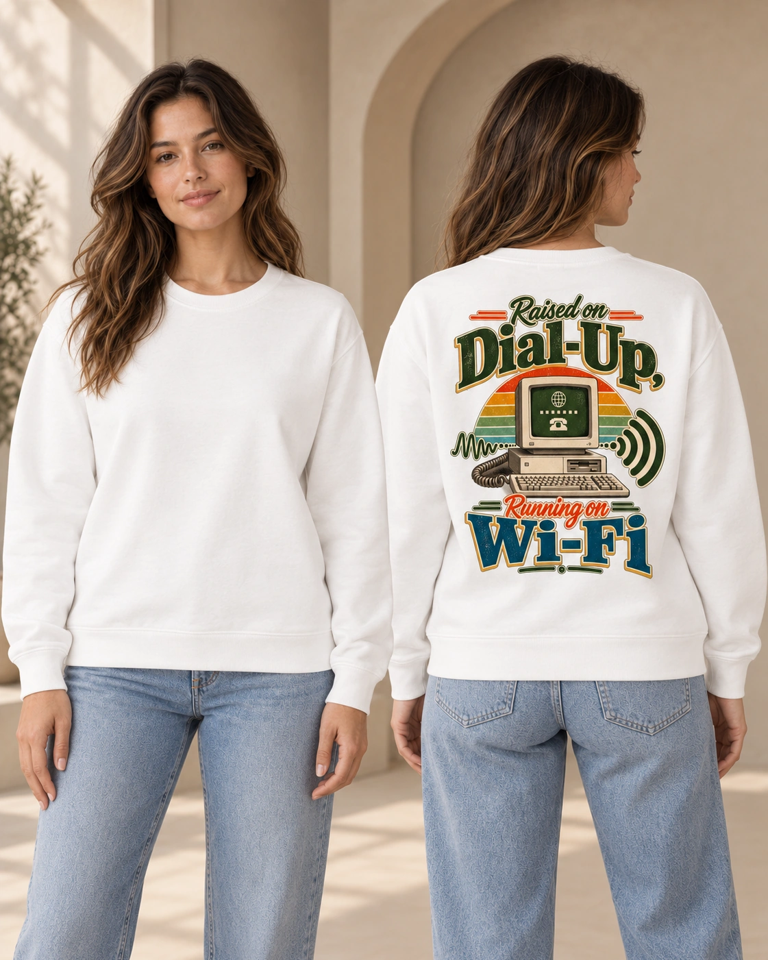 Raised on Dial-Up, Running on Wi-Fi women’s crewneck in White, blank front and retro back print