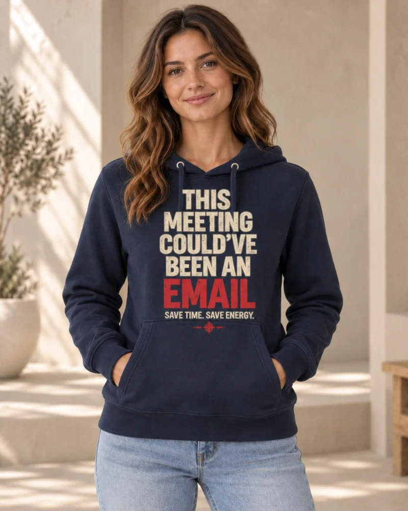 Woman wearing French Navy This Meeting Could’ve Been an Email hoodie