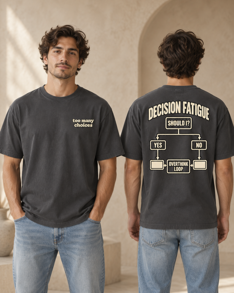 Decision Fatigue unisex relaxed-fit T-shirt in Anthracite, front and back view