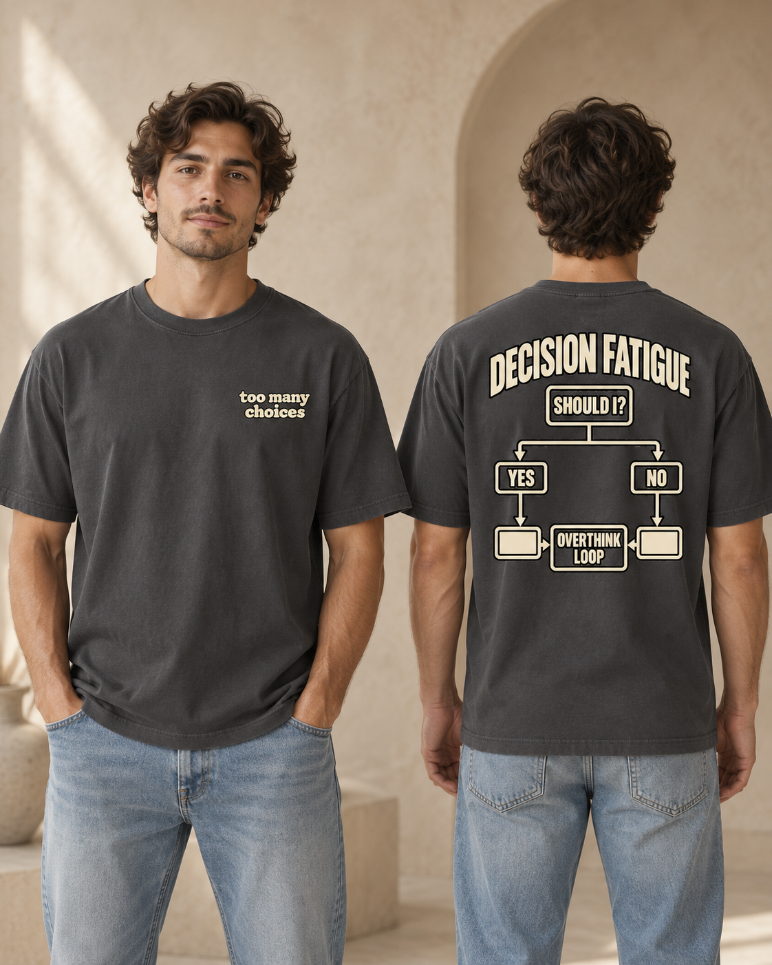 Decision Fatigue unisex relaxed-fit T-shirt in Anthracite, front and back view