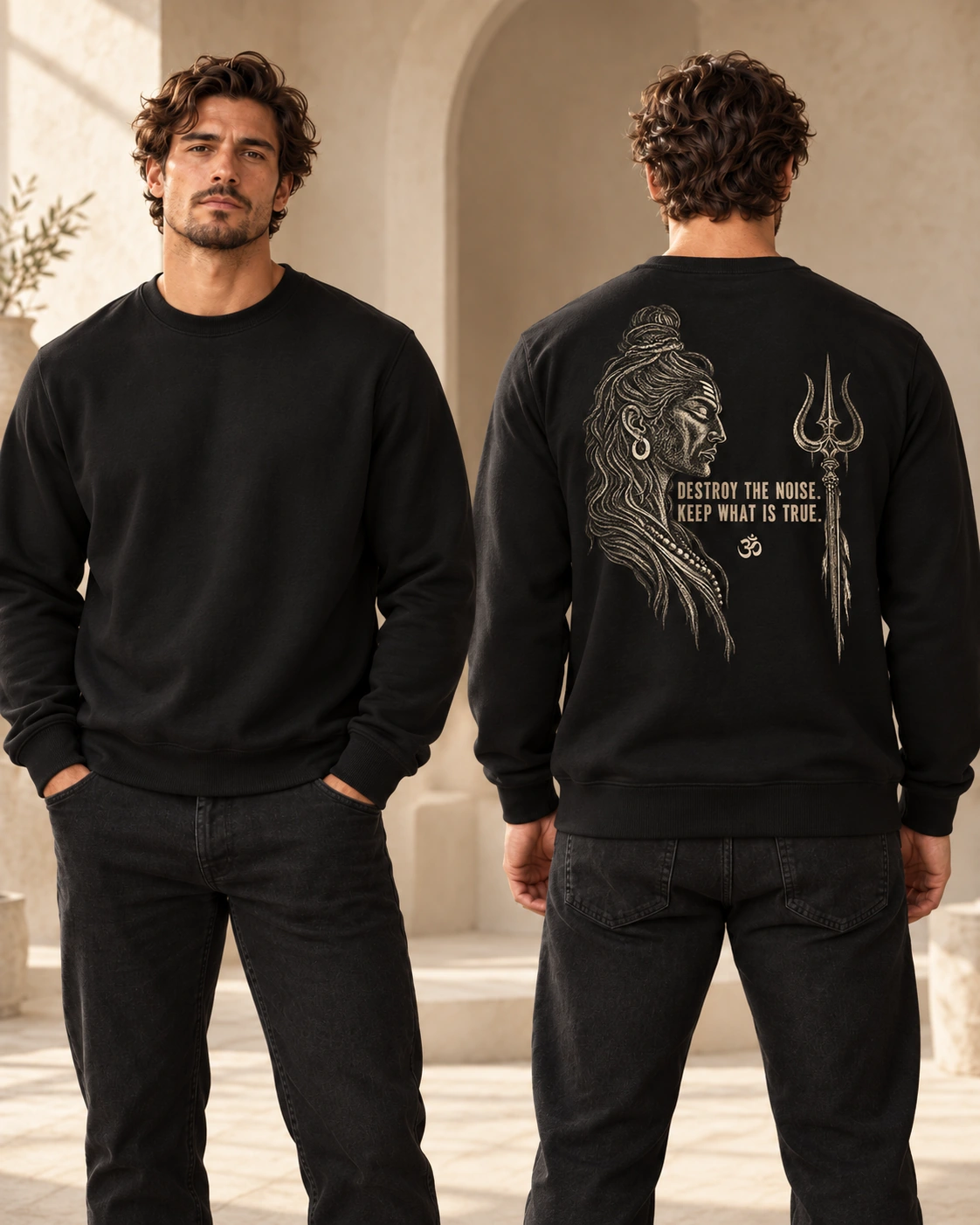 Destroy the Noise Shiva back print on a Black Unisex crewneck, front and back model views