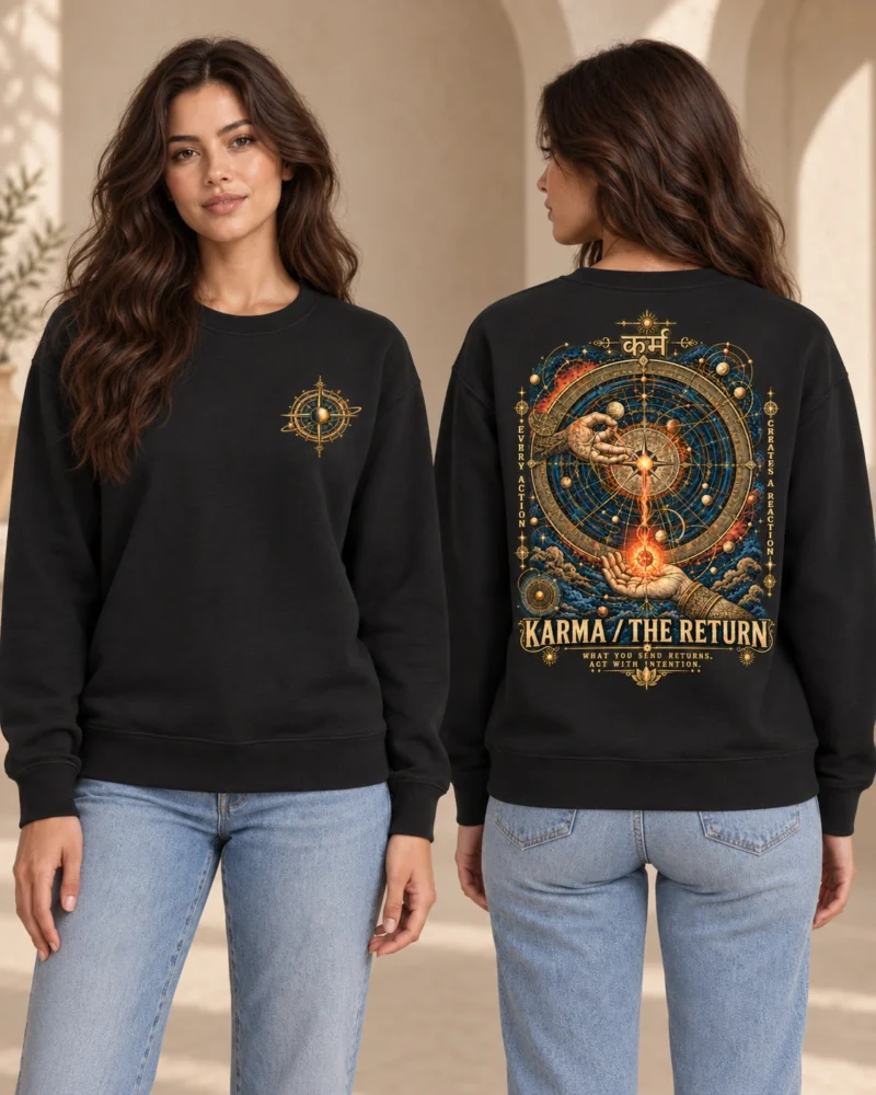 Karma — The Return women's crewneck in Black, front and back view