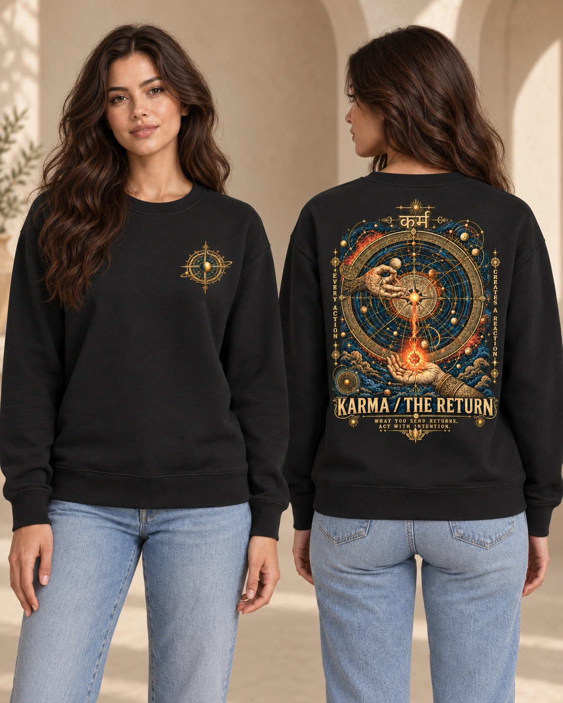 Karma — The Return women's crewneck in Black, front and back view