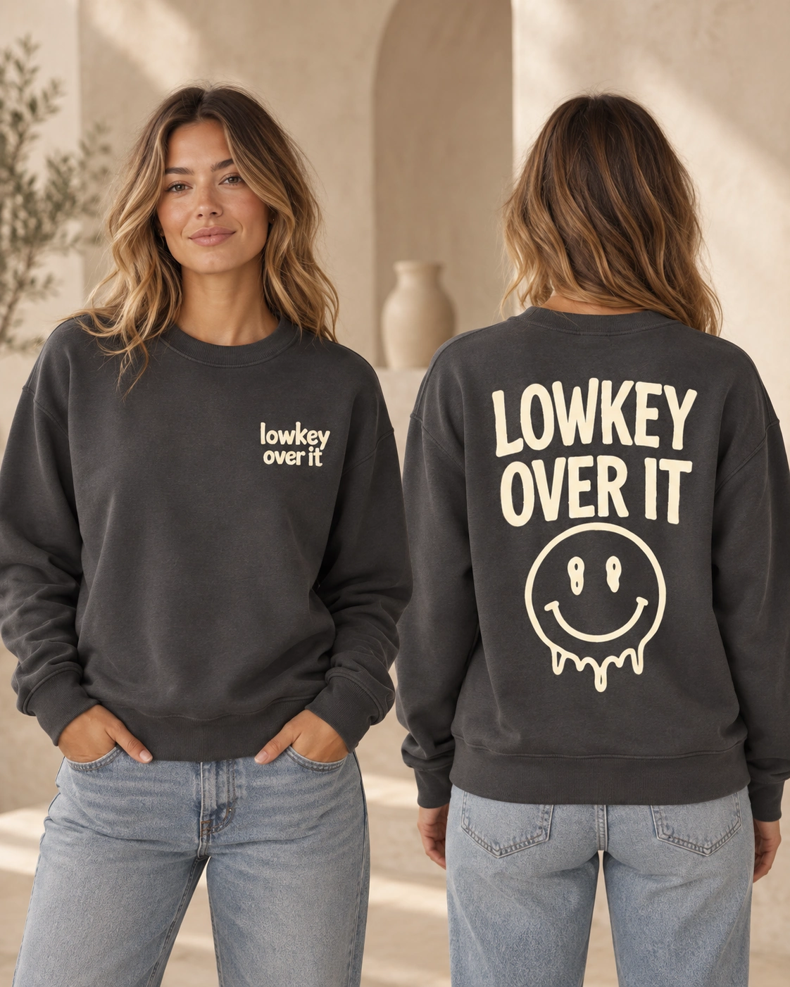 Lowkey Over It women’s medium-fit anthracite crewneck sweatshirt, front and back view