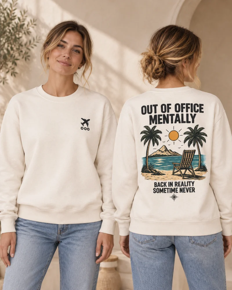 Out of Office Mentally women's crewneck in Natural Raw, front and back view