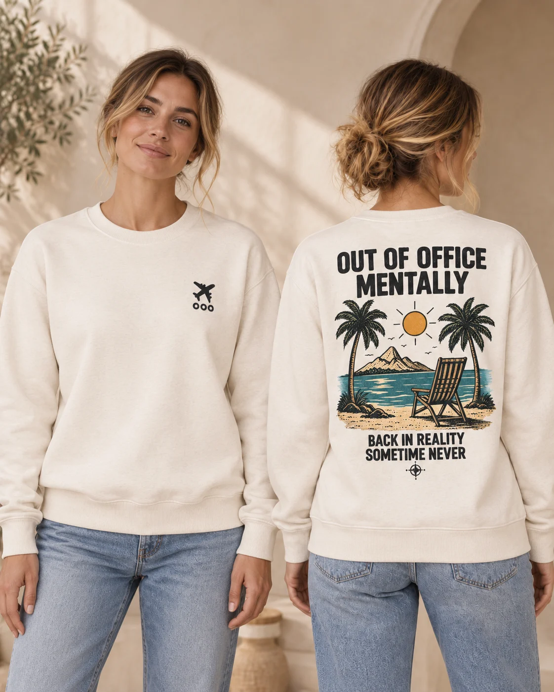 Out of Office Mentally women's crewneck in Natural Raw, front and back view