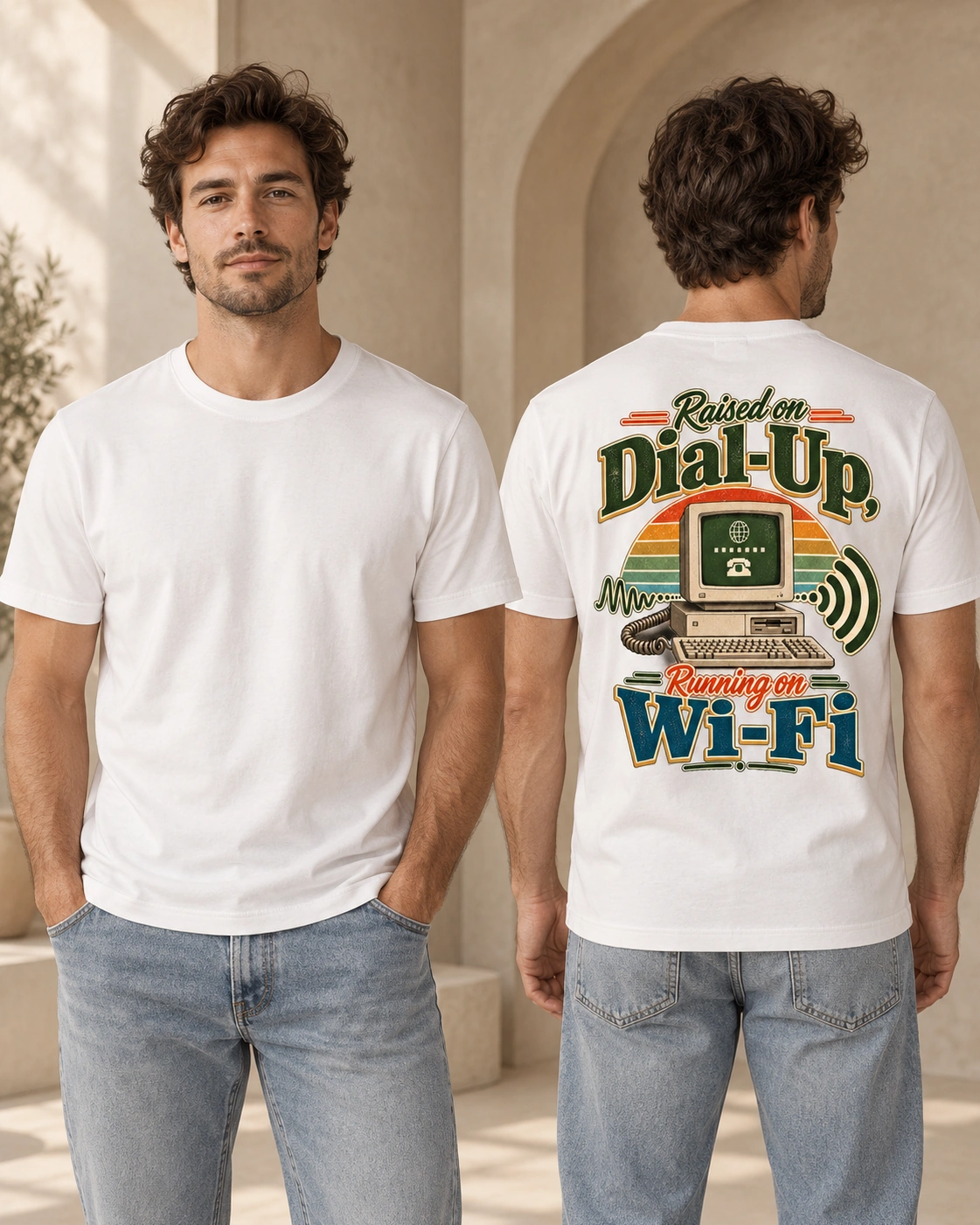 Raised on Dial-Up, Running on Wi-Fi men’s T-shirt in White, blank front and retro back print
