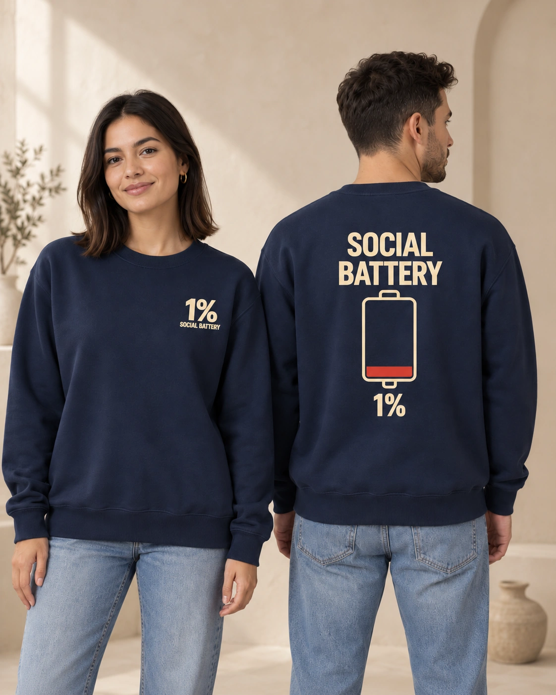 MessyHustlers Social Battery unisex crewneck, French Navy, front and back view