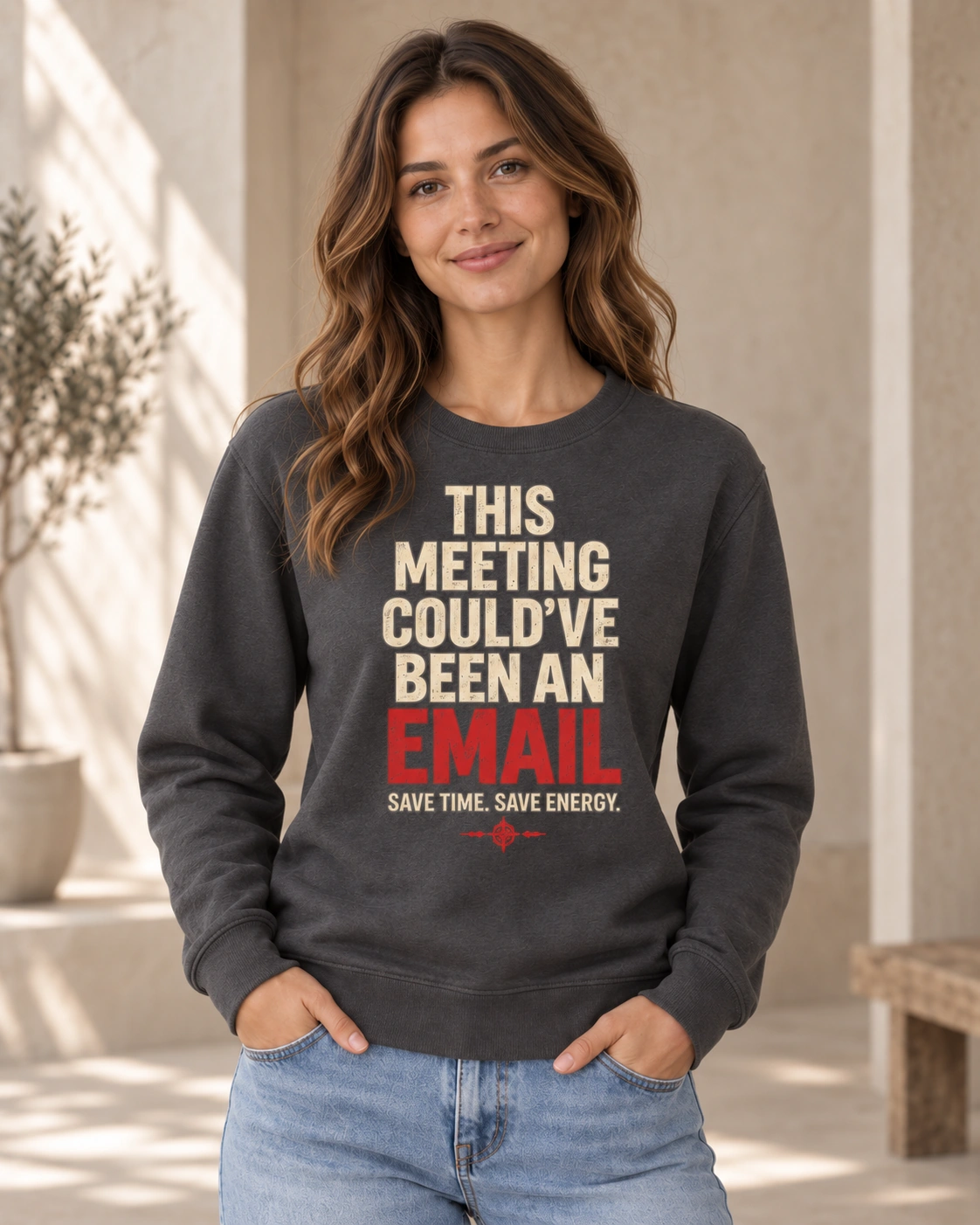 Woman wearing anthracite This Meeting Could’ve Been an Email crewneck sweatshirt