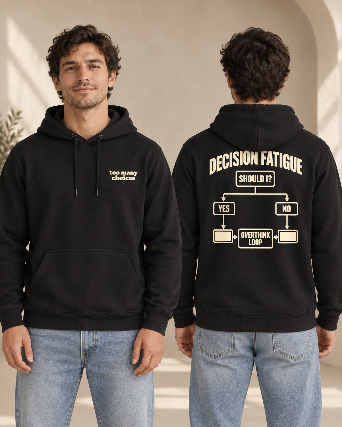 Decision Fatigue front view, back view, hoodie, black
