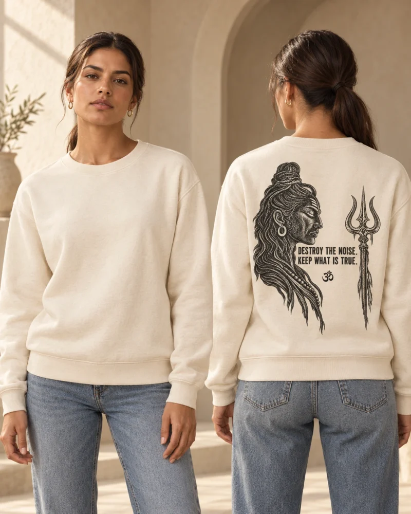 Destroy the Noise women's crewneck in Natural Raw, front and back view