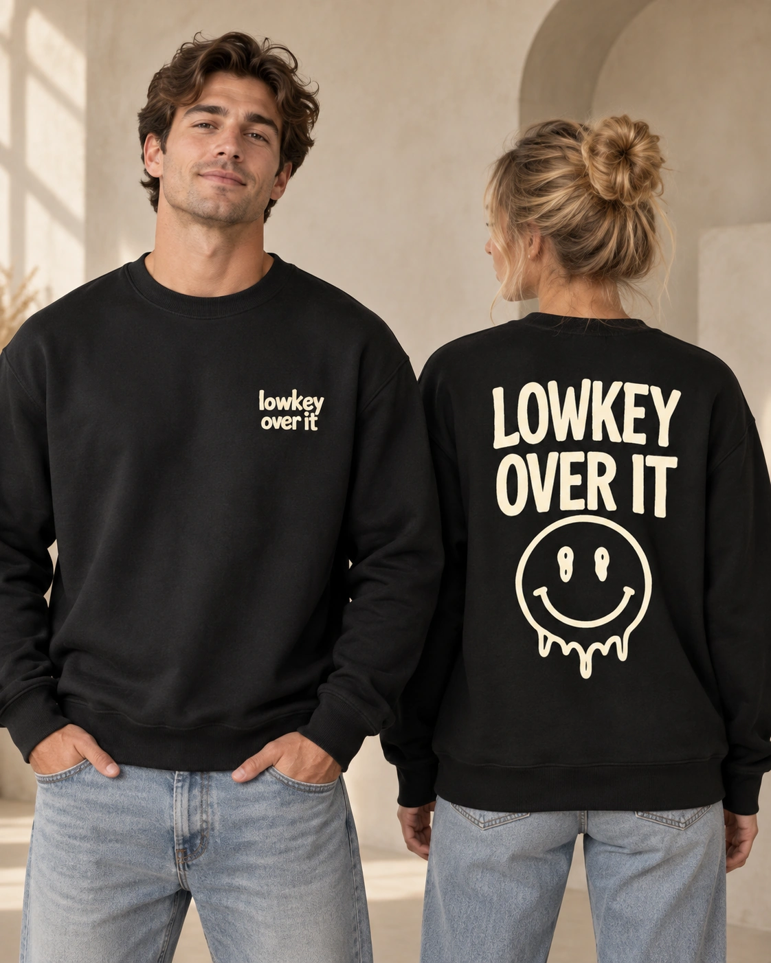 Lowkey Over It unisex relaxed-fit black crewneck sweatshirt, front and back view