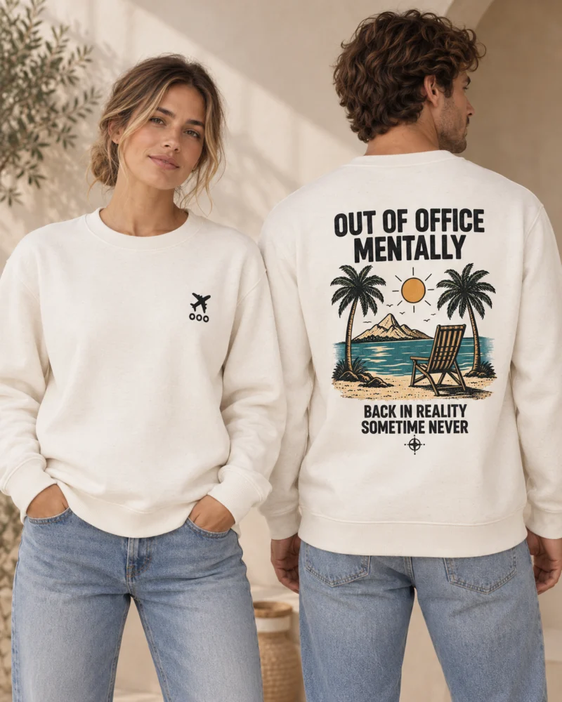 Out of Office Mentally unisex crewneck in Natural Raw, front and back view