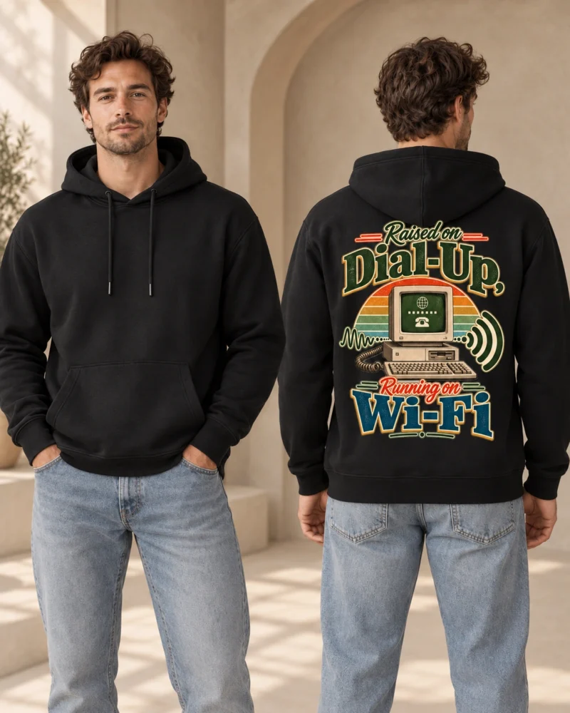 Raised on Dial-Up, Running on Wi-Fi men’s hoodie in Black, blank front and retro back print