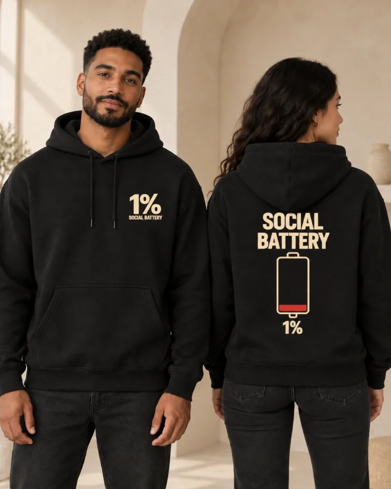 MessyHustlers Social Battery unisex hoodie, black, front and back view
