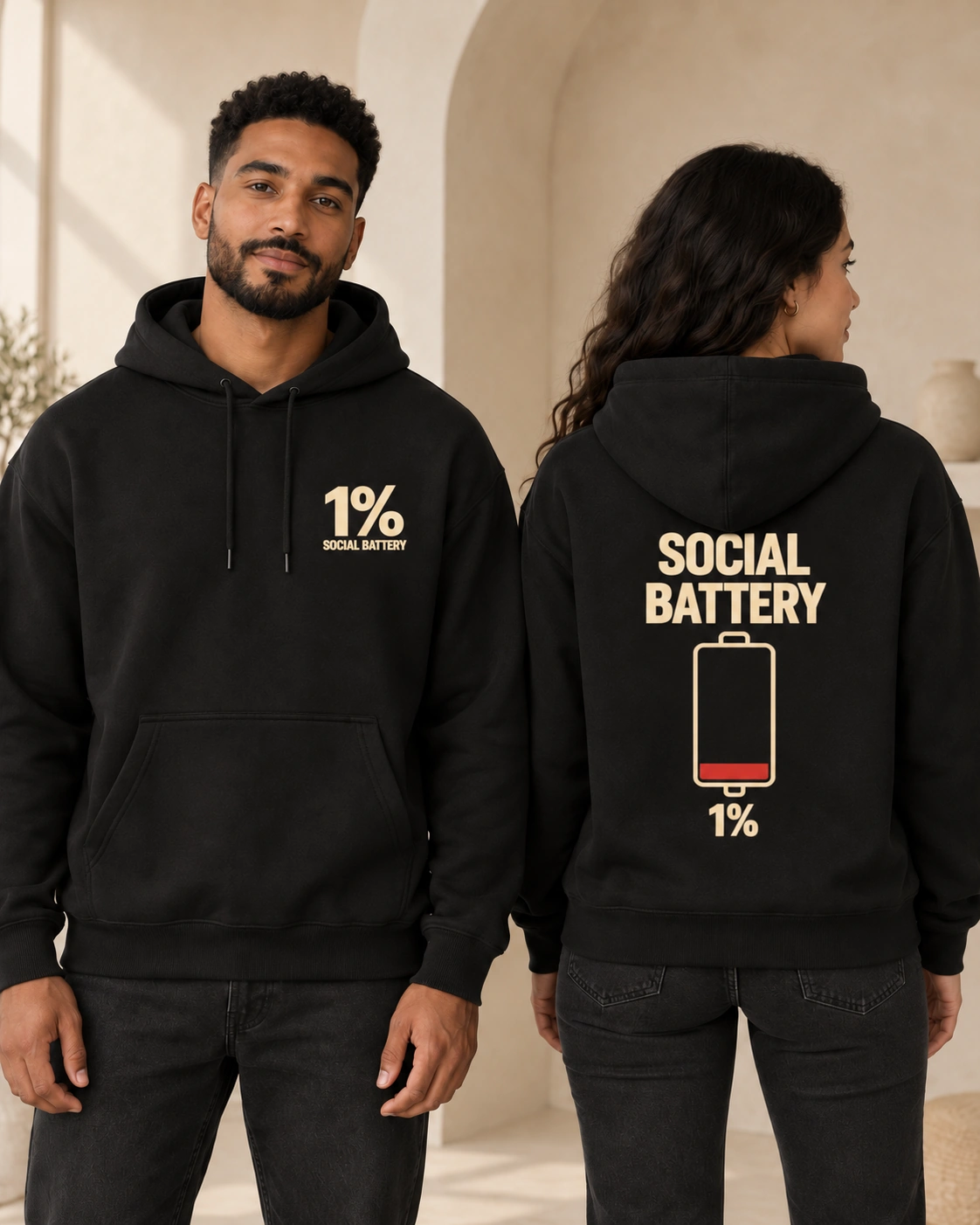 MessyHustlers Social Battery unisex hoodie, black, front and back view
