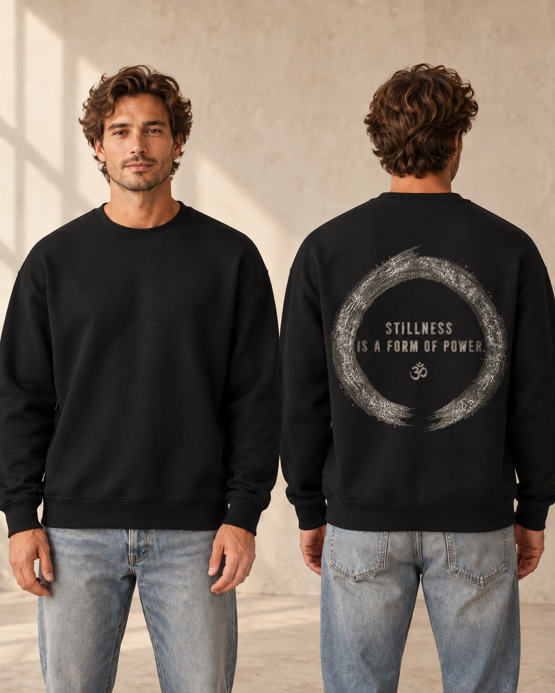Stillness Is a Form of Power back print on a Black unisex relaxed crewneck, front and back model views