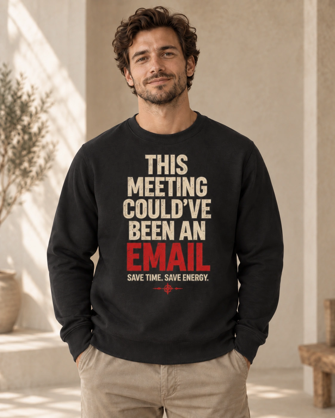 Man wearing black unisex relaxed This Meeting Could’ve Been an Email crewneck sweatshirt
