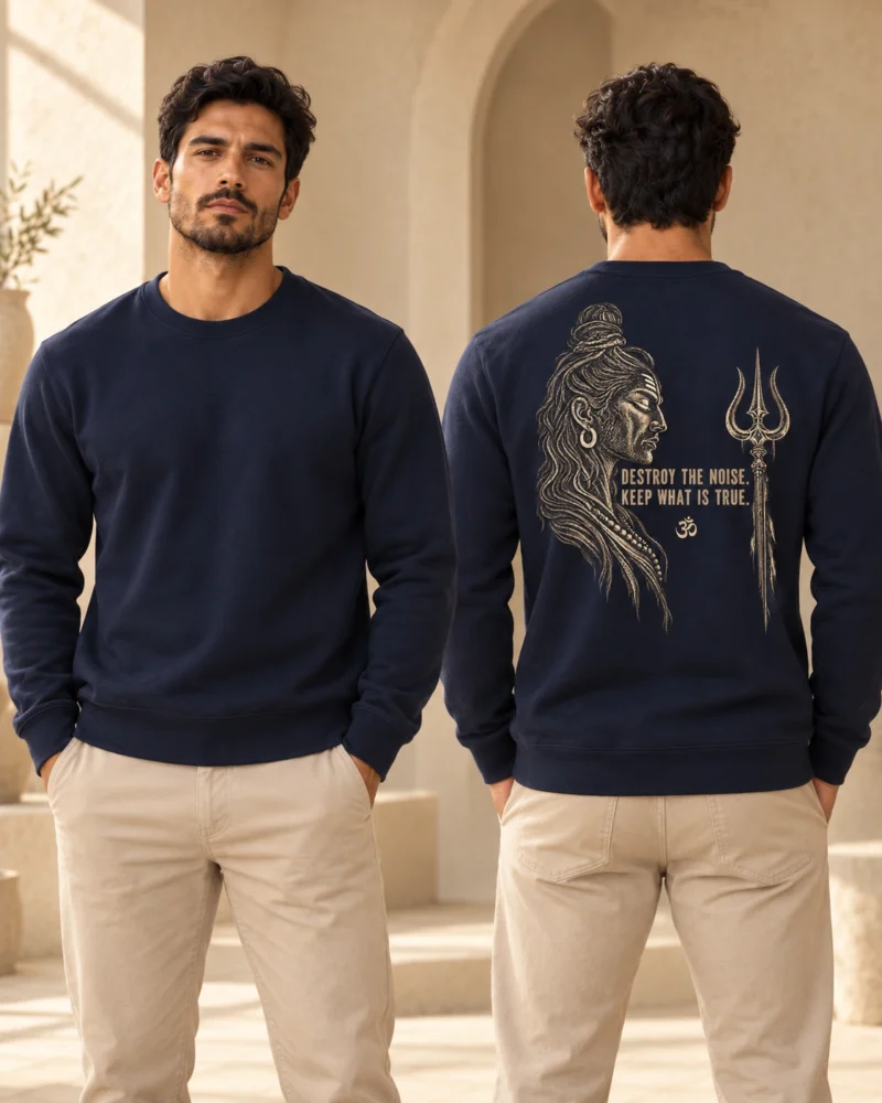 Destroy the Noise men's crewneck in French Navy, front and back view