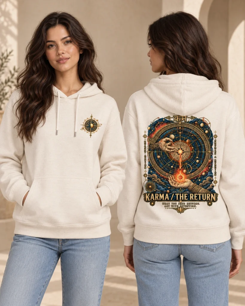 Karma — The Return women's hoodie in Natural Raw, front and back view