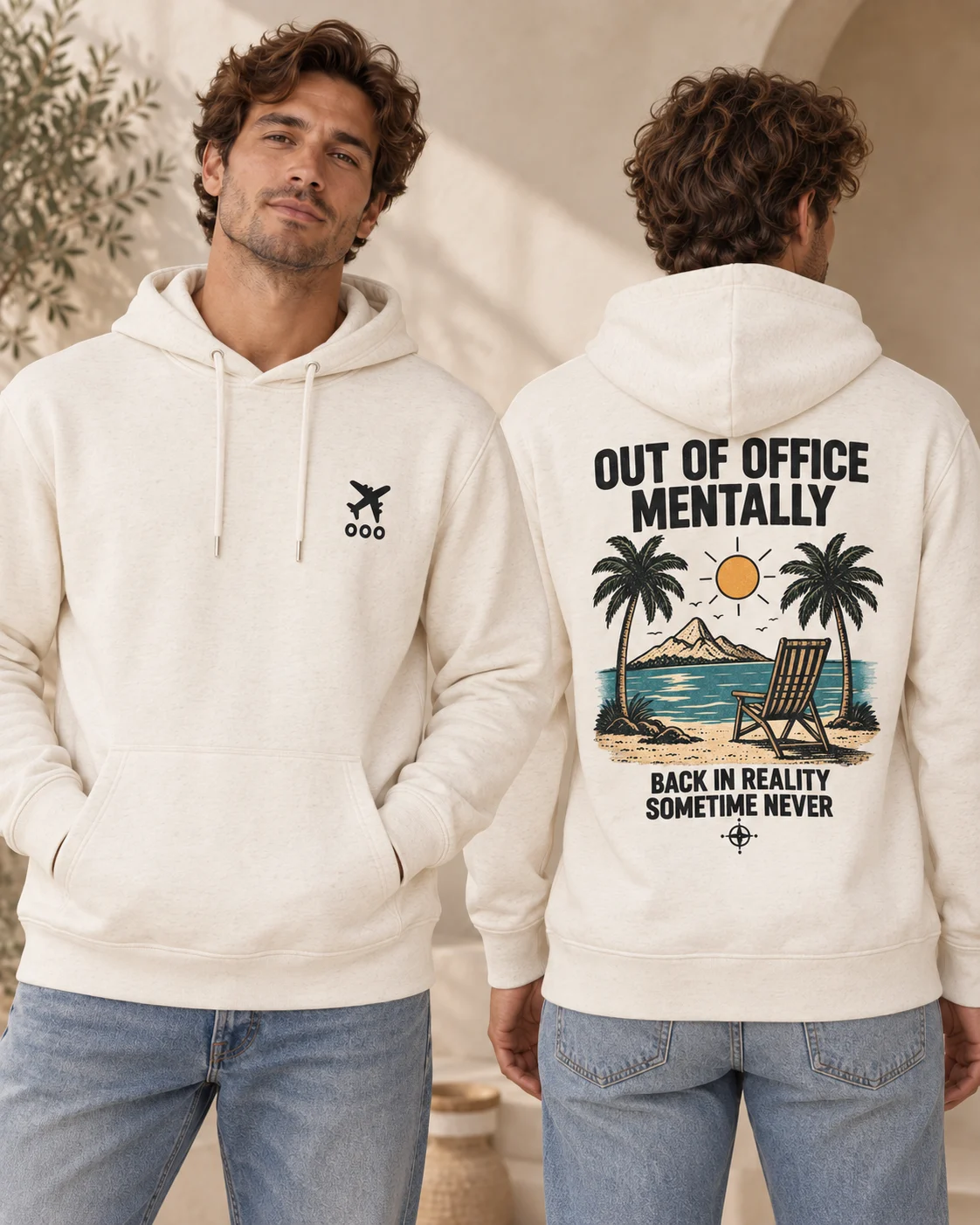 Out of Office Mentally men's hoodie in Natural Raw, front and back view