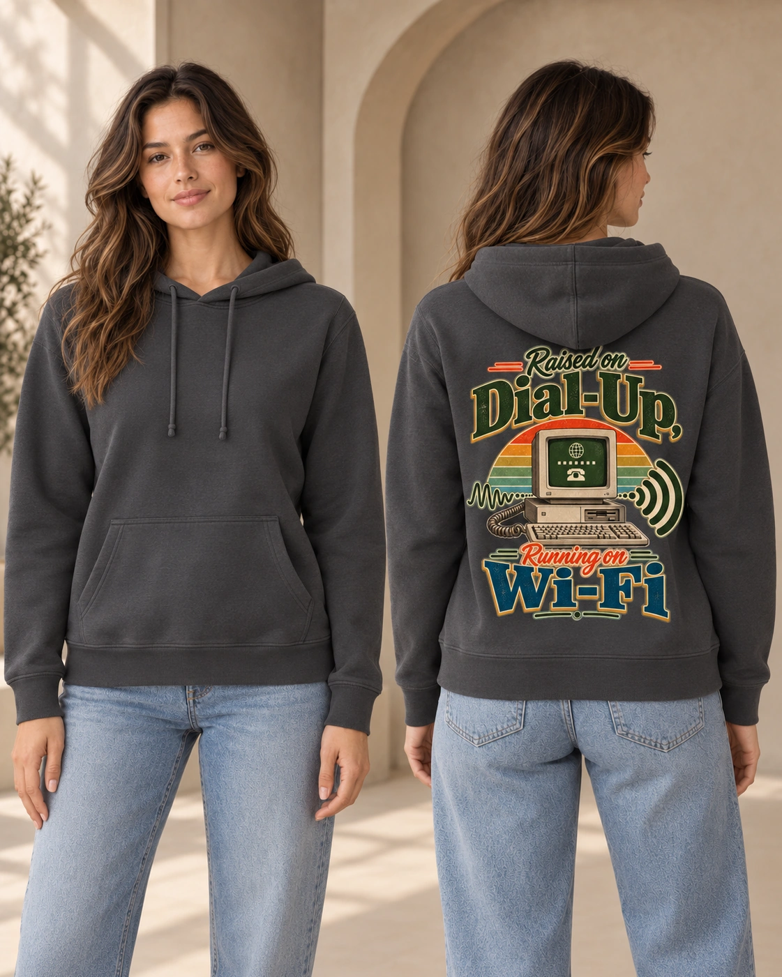 Raised on Dial-Up, Running on Wi-Fi women’s hoodie in Anthracite, blank front and retro back print