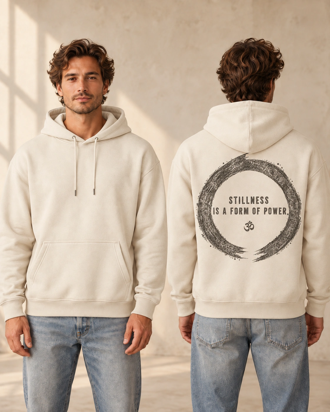 Stillness Is a Form of Power back print on a Natural Raw men’s medium fit hoodie, front and back model views