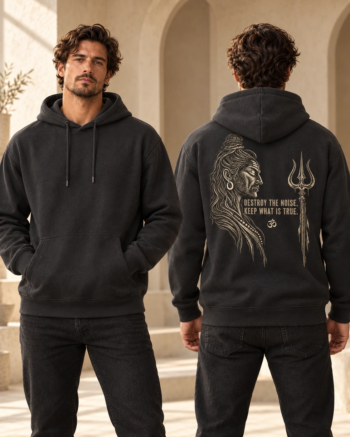 Male model wearing the Anthracite unisex Destroy the Noise hoodie, showing its blank front and Shiva graphic back print