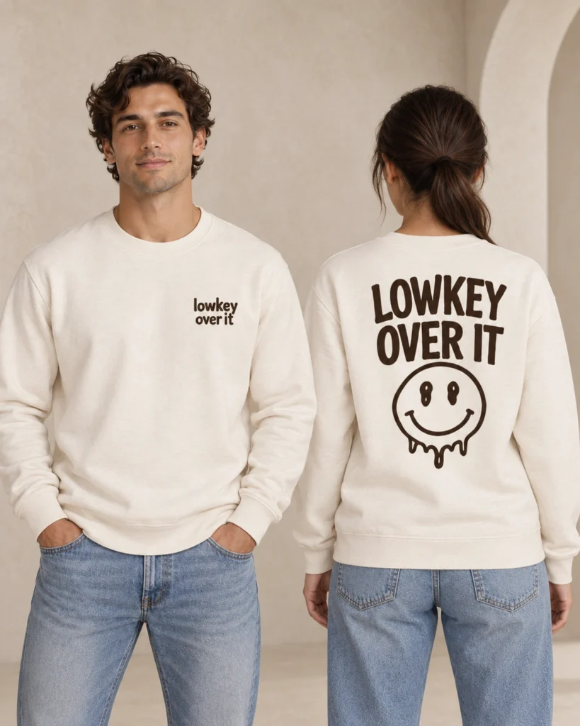 Lowkey Over It unisex relaxed-fit natural raw crewneck sweatshirt, front and back view