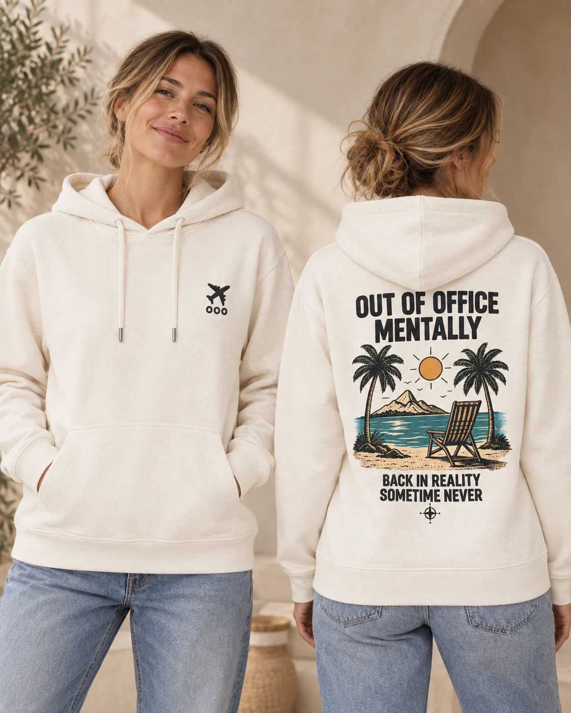 Out of Office Mentally women's hoodie in Natural Raw, front and back view