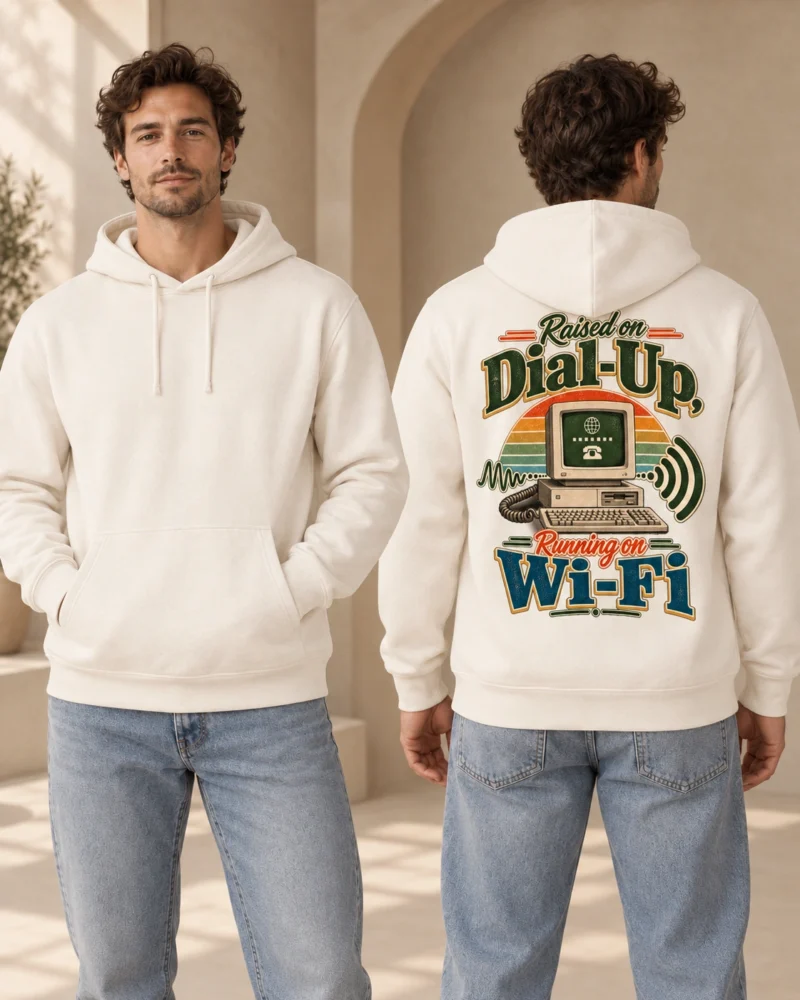 Raised on Dial-Up, Running on Wi-Fi unisex relaxed hoodie in Natural Raw, blank front and retro back print