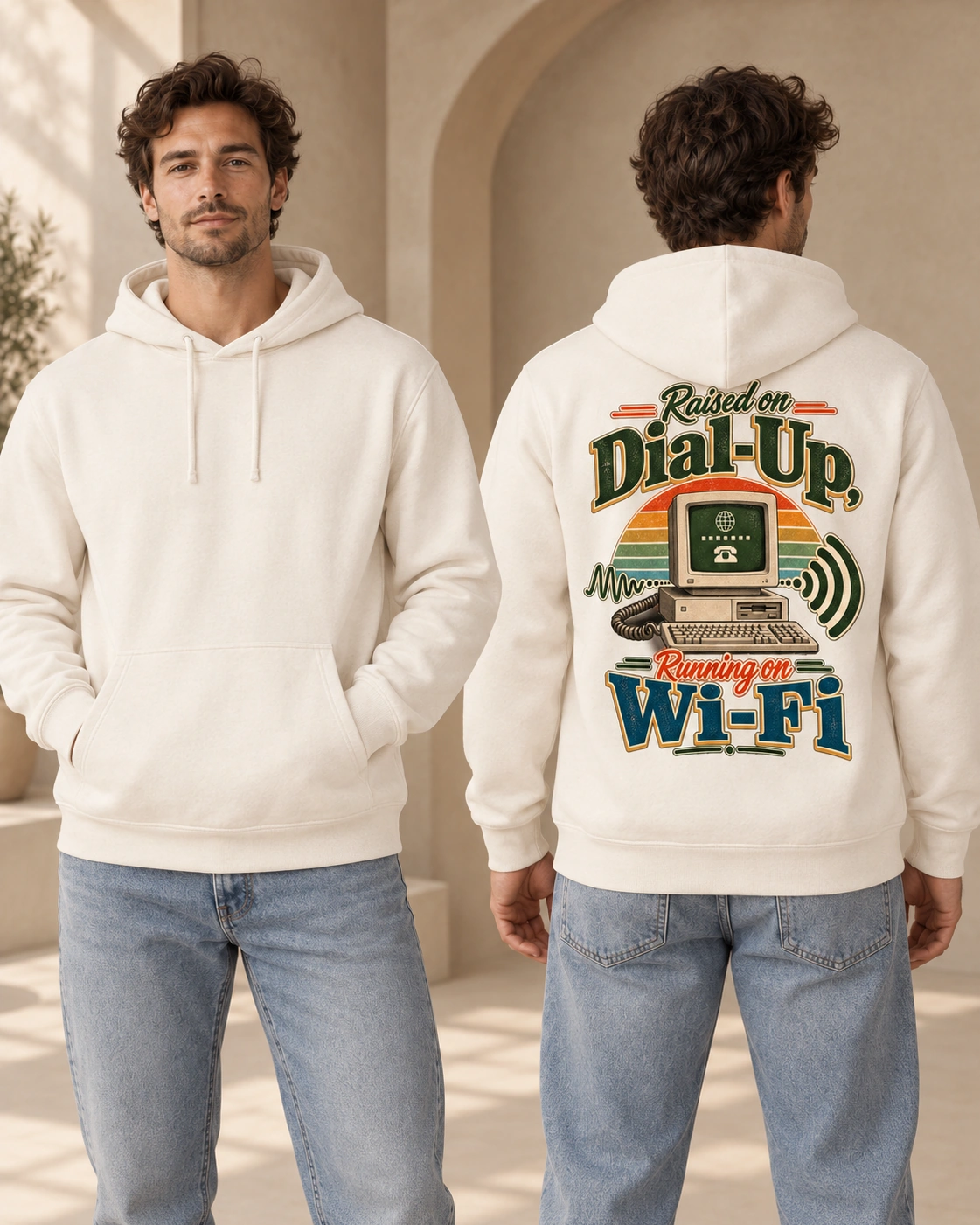 Raised on Dial-Up, Running on Wi-Fi unisex relaxed hoodie in Natural Raw, blank front and retro back print