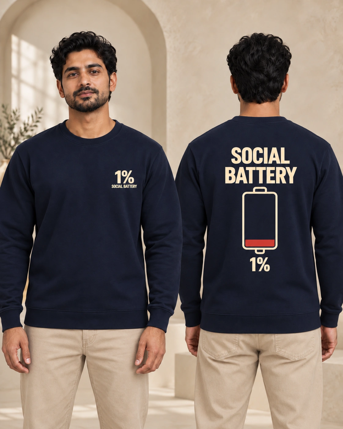 MessyHustlers Social Battery men's crewneck, French Navy, front and back view