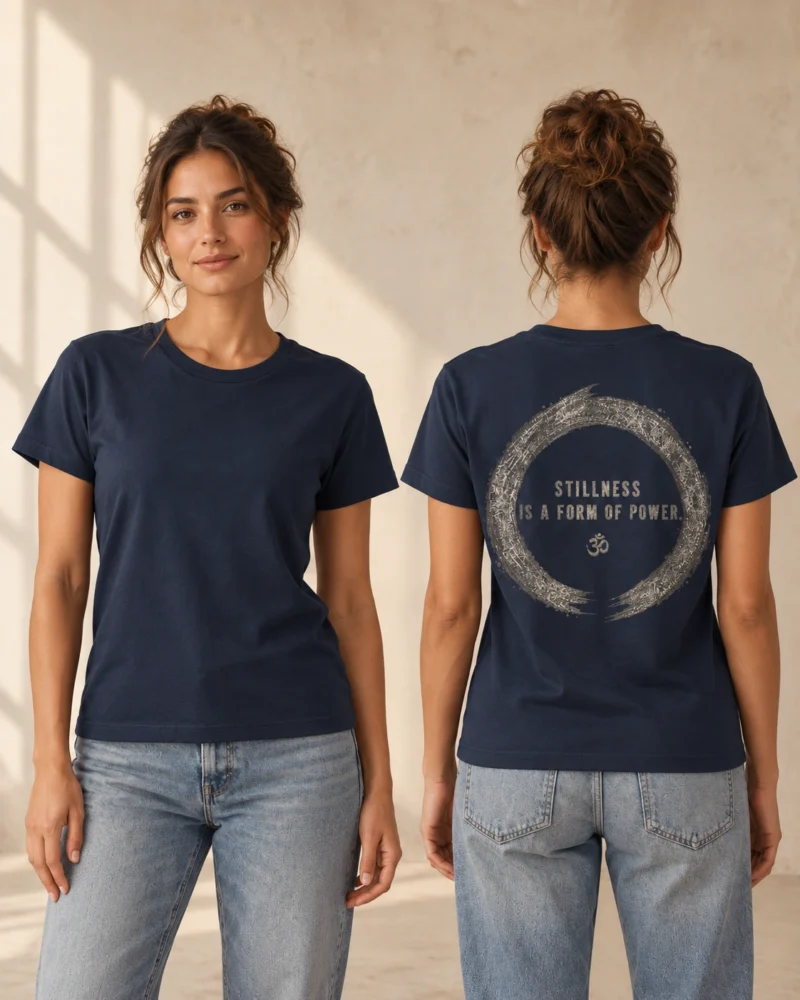 Stillness Is a Form of Power back print on a French Navy women’s medium fit T-shirt, front and back model views