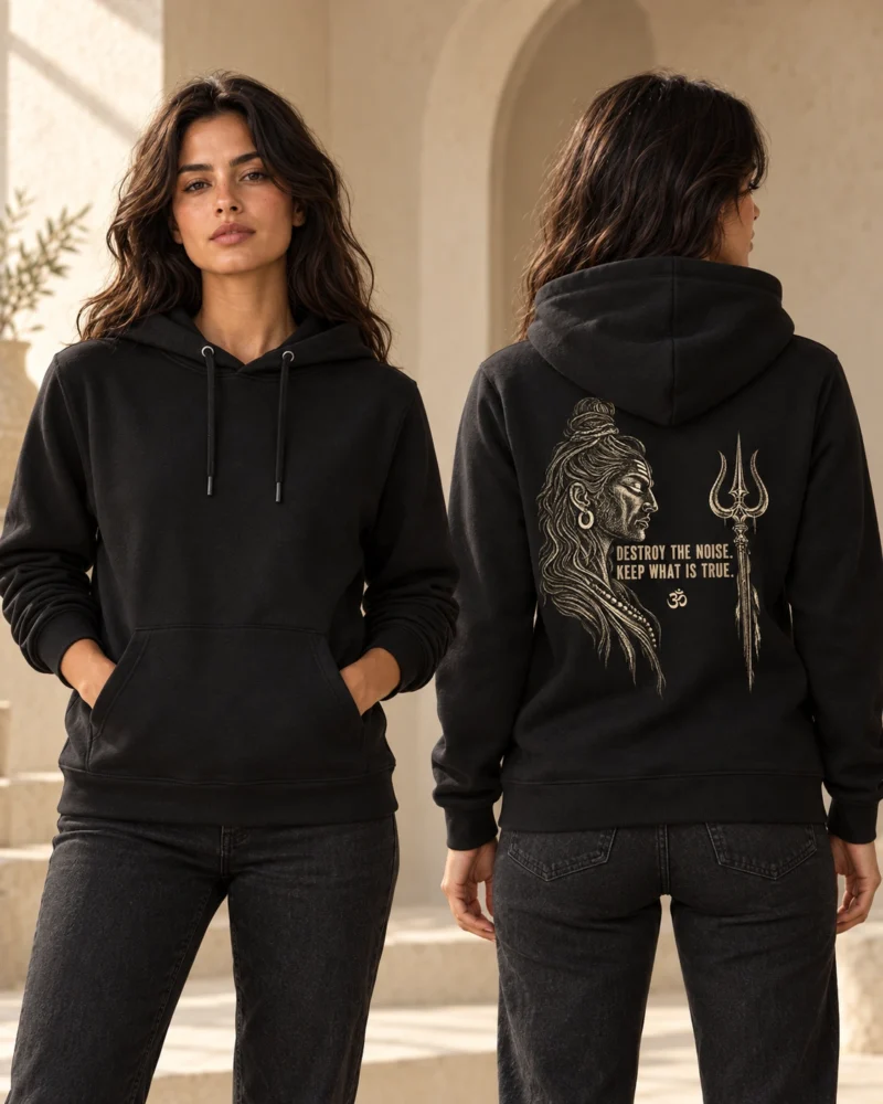 Destroy the Noise women's hoodie in Black, front and back view