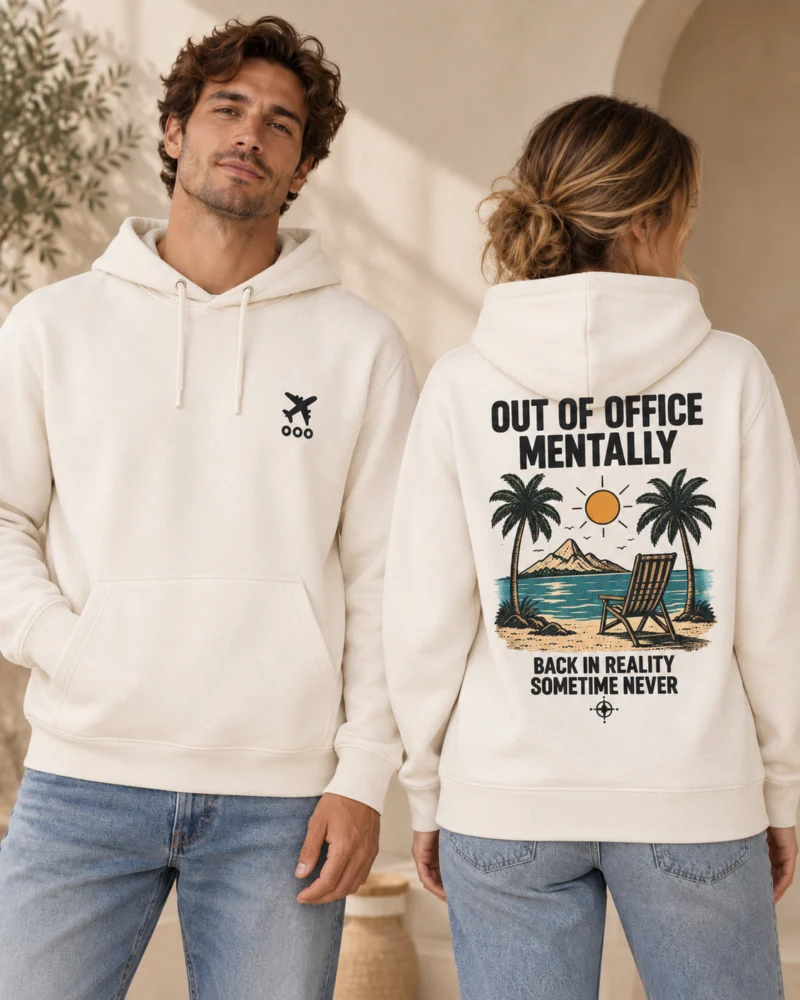 Out of Office Mentally unisex hoodie in Natural Raw, front and back view