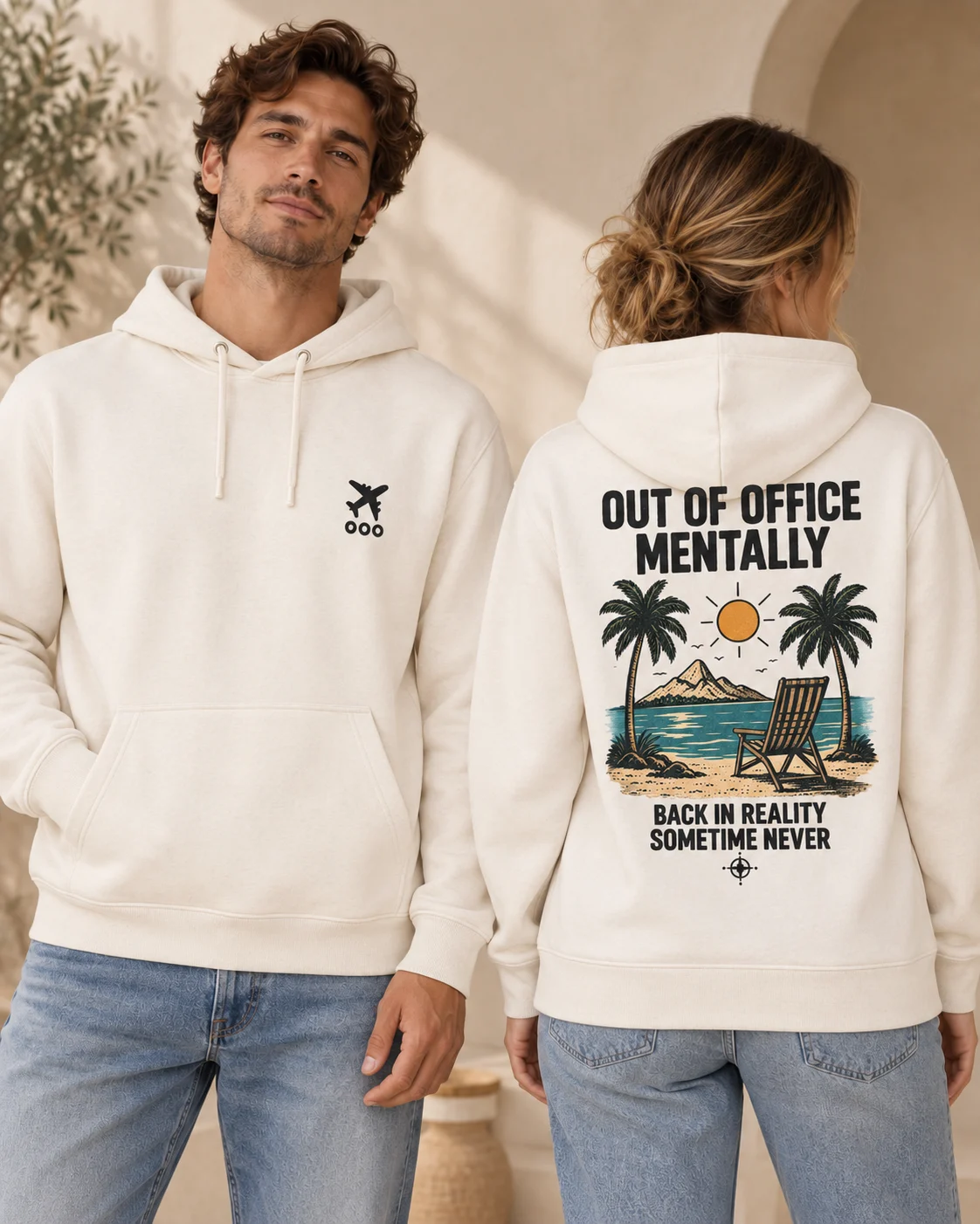 Out of Office Mentally unisex hoodie in Natural Raw, front and back view