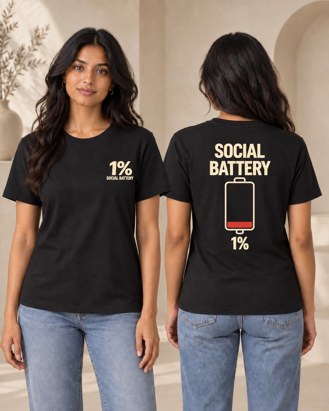 MessyHustlers Social Battery women's t-shirt, black, front and back view