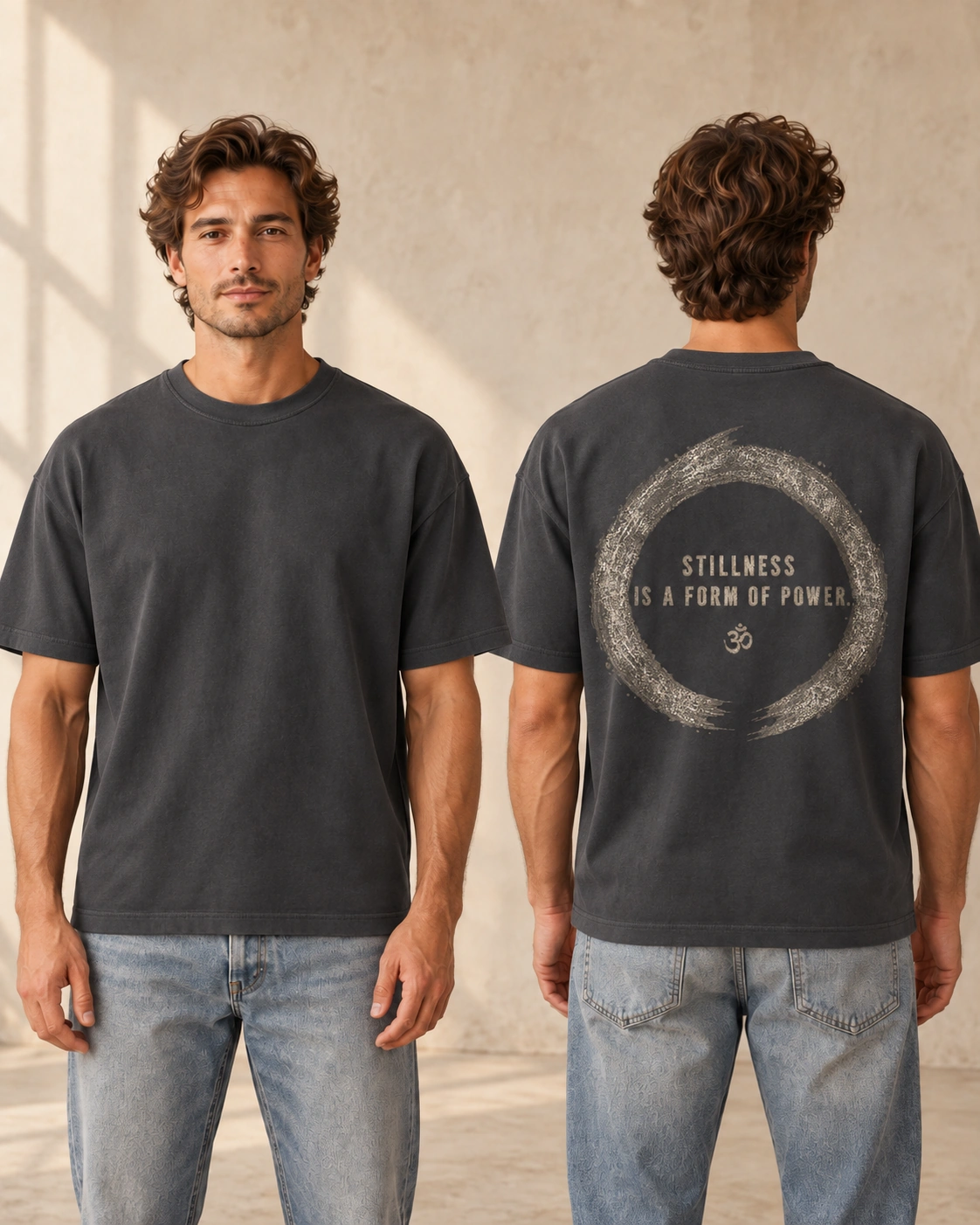 Stillness Is a Form of Power back print on an Anthracite unisex relaxed T-shirt, front and back model views