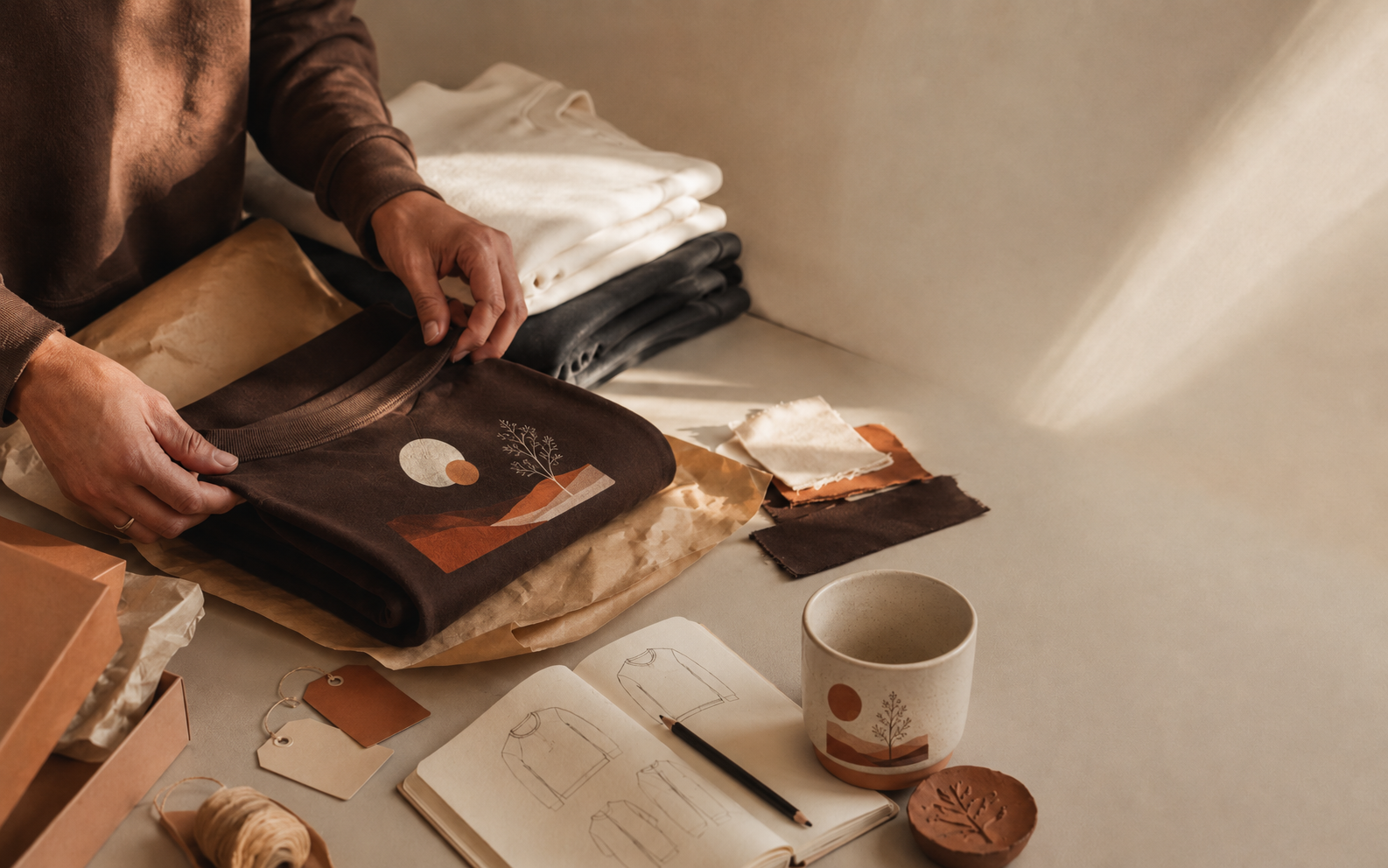Hands holding a MessyHustlers garment during the making process