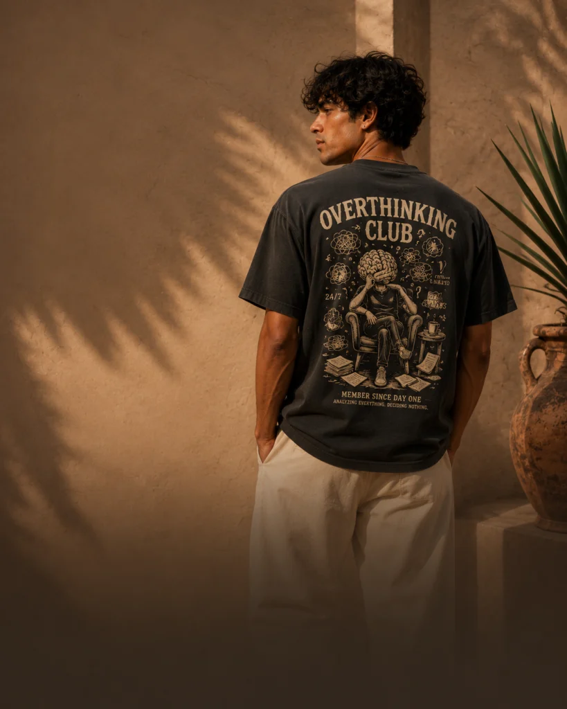 Adult male model wearing the Overthinking Club graphic T-shirt in a warm streetwear editorial setting.