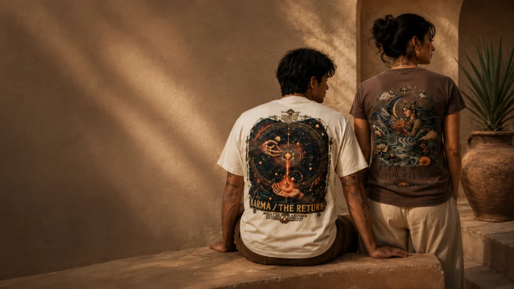 Two adult models wearing premium graphic streetwear in a warm editorial studio setting.