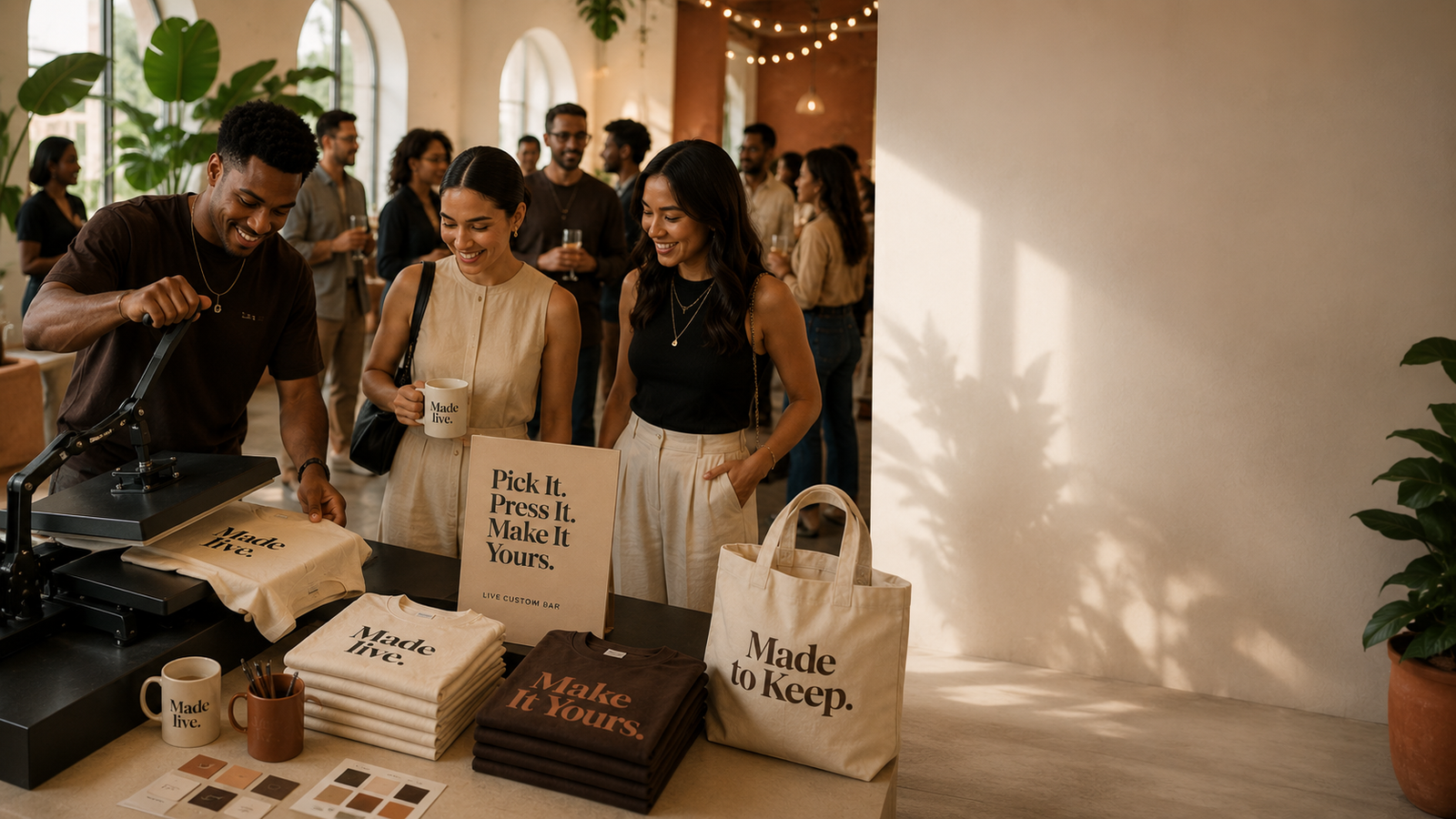 Guests watch a team member customize apparel at a warm, premium live-printing event with shirts, a tote bag, and a mug on display.