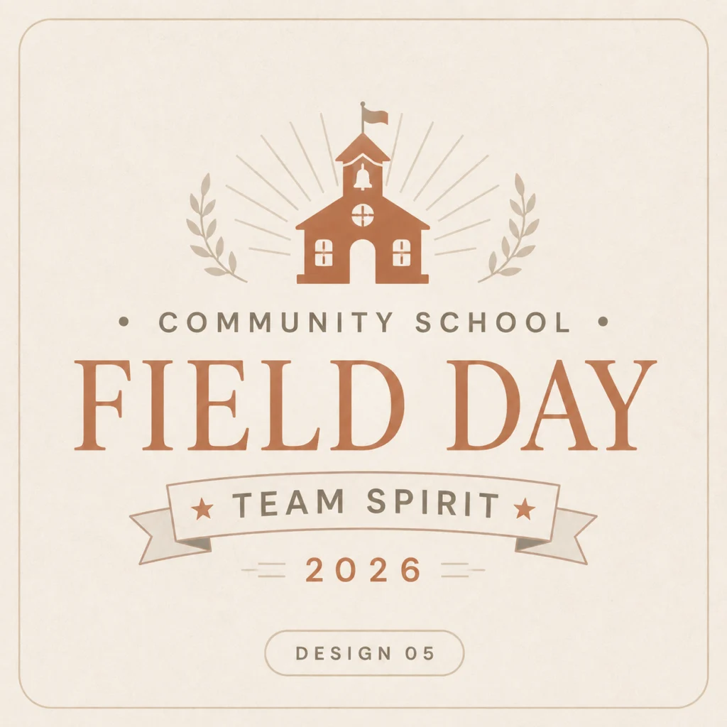Sample school event merch design for Community School Field Day with a schoolhouse icon and team spirit ribbon.