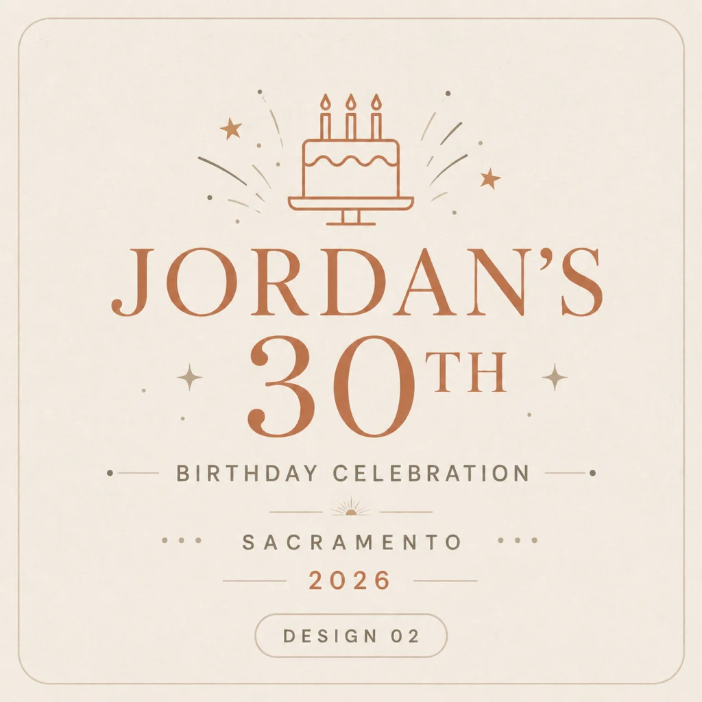 Sample birthday event merch design reading Jordan's 30th with a cake icon and celebration styling.