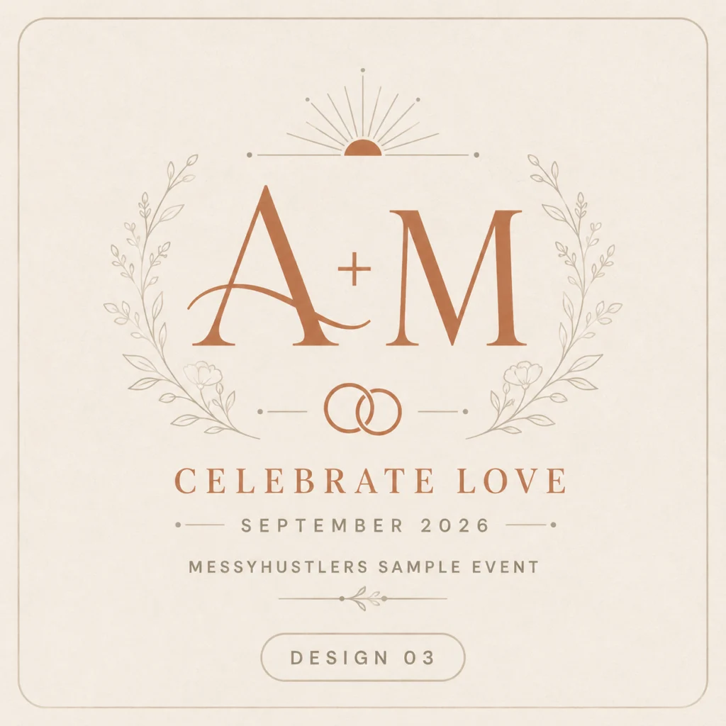 Sample wedding event merch design with A plus M initials, rings, and romantic minimalist styling.